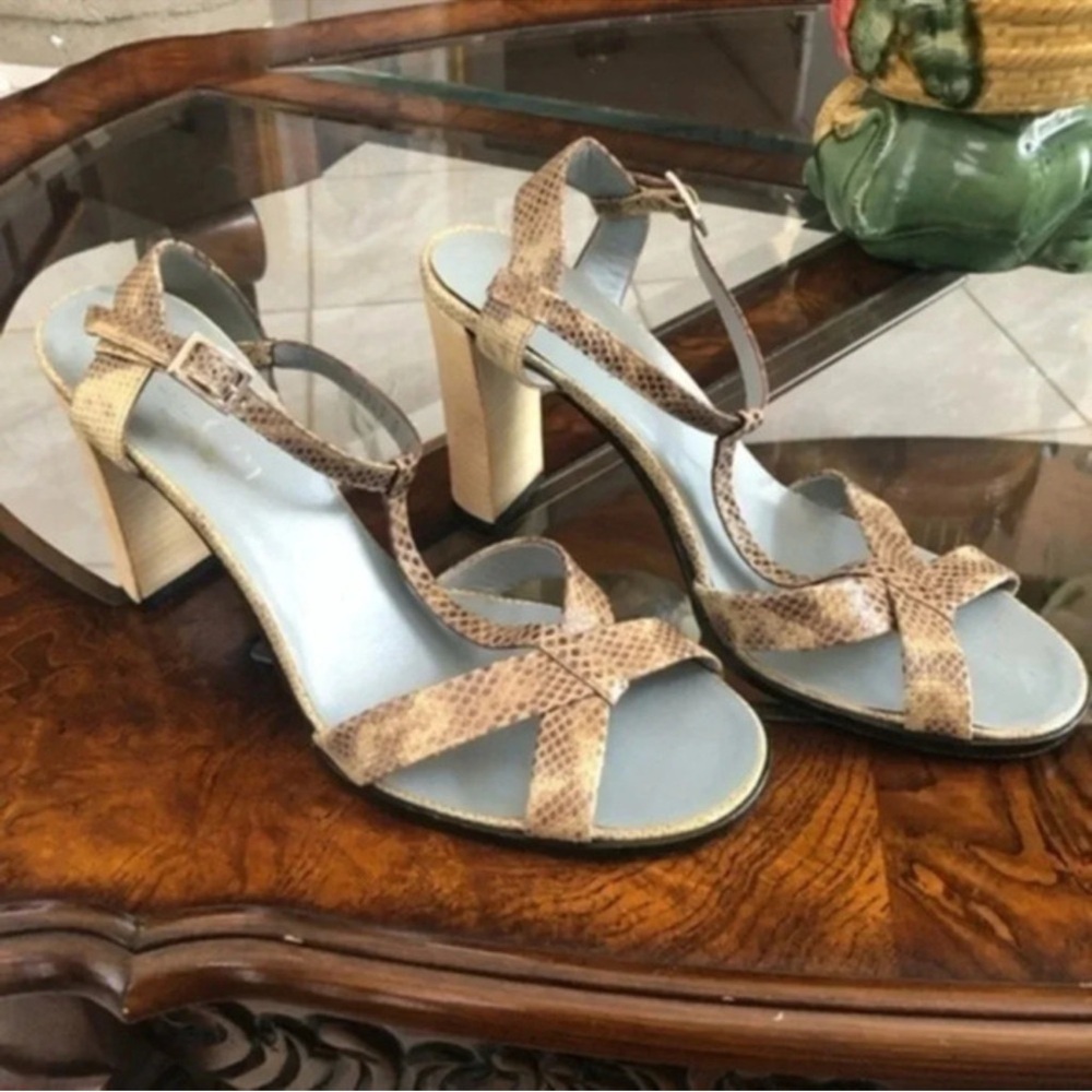 Gucci Beige Snakeskin Pattern Block Heel Sandals